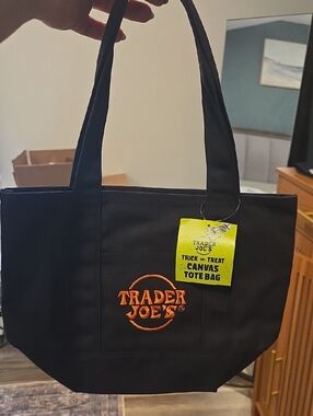 Trader Joe's Black Canvas Tote Bag with Orange Logo